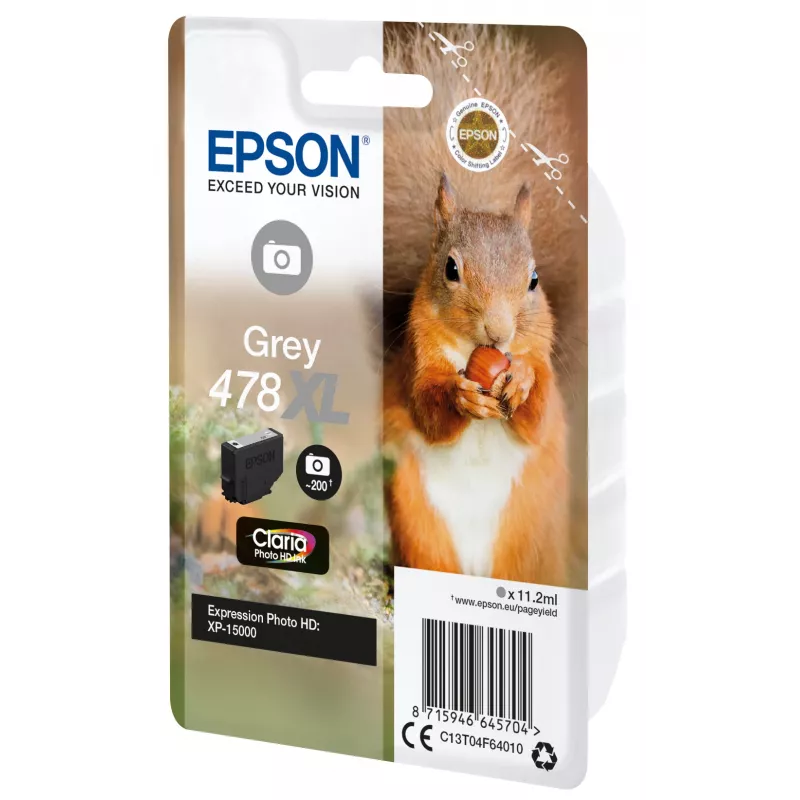 Epson Squirrel Singlepack Grey 478XL Claria Photo HD rašalas, didelės (XL) talpos, pilkas, dažų pagrindu, 11,2 ml, 1 vnt., 200 puslapių