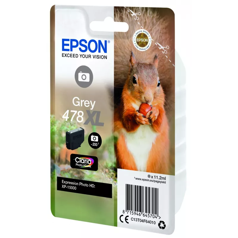 Epson Squirrel Singlepack Grey 478XL Claria Photo HD rašalas, didelės (XL) talpos, pilkas, dažų pagrindu, 11,2 ml, 1 vnt., 200 puslapių