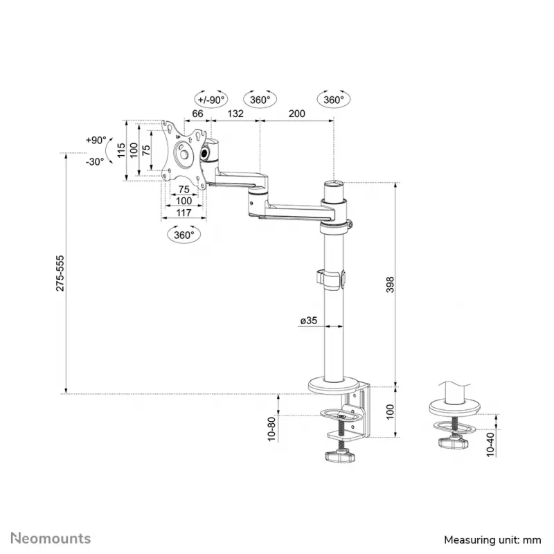 Neomounts DS60-425WH1 Monitor arm 17-27 inch - space saving, Clamp/Grommet, 8 kg, 43.2 cm (17 inch), 68.6 cm (27 inch), 100 x 100 mm, White