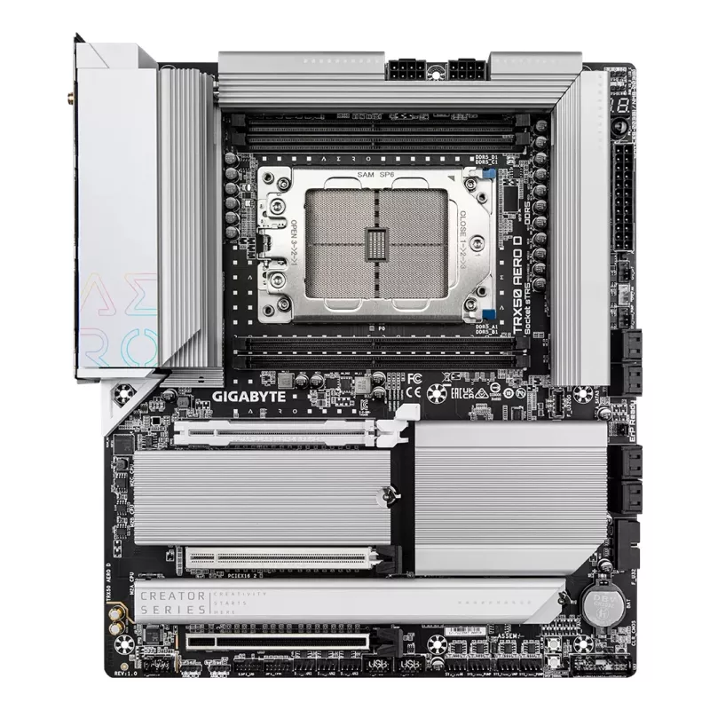 GIGABYTE TRX50 AERO D Motininė plokštė – palaiko AMD Ryzen Threadripper 9000 serijos procesorius, 16+8+4 fazių skaitmeninis VRM, iki 7800MHz DDR5 (OC), 3xPCIe 5.0 + 1xPCIe 4.0 M.2, Wi-Fi 7, 10GbE LAN, USB4