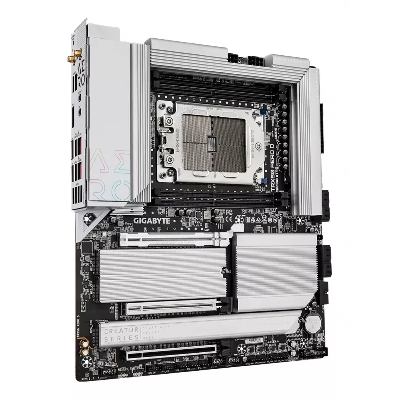 GIGABYTE TRX50 AERO D Motininė plokštė – palaiko AMD Ryzen Threadripper 9000 serijos procesorius, 16+8+4 fazių skaitmeninis VRM, iki 7800MHz DDR5 (OC), 3xPCIe 5.0 + 1xPCIe 4.0 M.2, Wi-Fi 7, 10GbE LAN, USB4