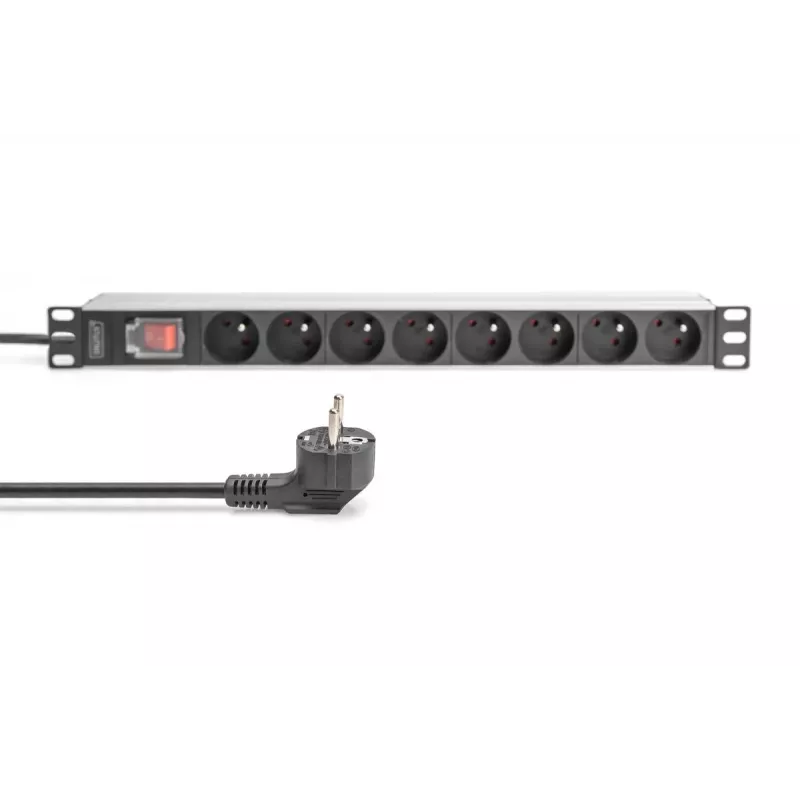 DIGITUS 1U aliuminio PDU, montuojamas į stovą, 8x CEE 7/5 vardinė galia: 16A, 4000W, 250VAC 50/60Hz,
