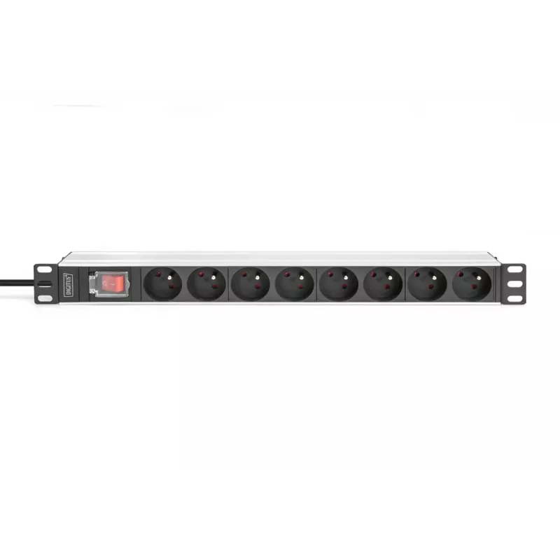 DIGITUS 1U aliuminio PDU, montuojamas į stovą, 8x CEE 7/5 vardinė galia: 16A, 4000W, 250VAC 50/60Hz,