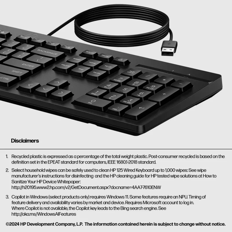HP 125 laidinė klaviatūra, pilno dydžio (100 %), laidinė, USB, juoda