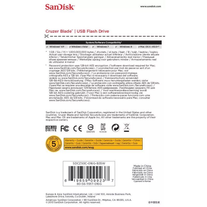 WESTERN DIGITAL SanDisk Cruzer Blade - 16 GB USB atmintinė - USB 2.0 - balta