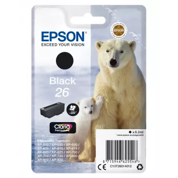 Epson Polar bear Vienetinė pakuotė Juoda 26 Claria Premium Rašalas, Standartinė talpa, Juoda, Pigmentinis rašalas, 6,2 ml, 1 vnt., 220 puslapių
