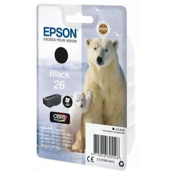 Epson Polar bear Vienetinė pakuotė Juoda 26 Claria Premium Rašalas, Standartinė talpa, Juoda, Pigmentinis rašalas, 6,2 ml, 1 vnt., 220 puslapių