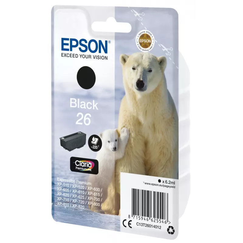 Epson Polar bear Vienetinė pakuotė Juoda 26 Claria Premium Rašalas, Standartinė talpa, Juoda, Pigmentinis rašalas, 6,2 ml, 1 vnt., 220 puslapių