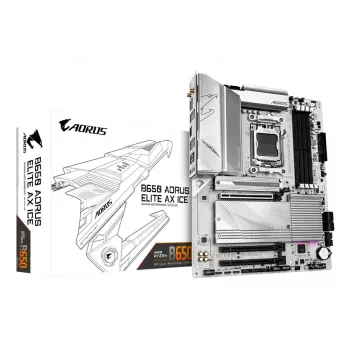 GIGABYTE B650 AORUS ELITE AX ICE pagrindinė plokštė – palaiko AMD Ryzen 9000 procesorius, 12+2+2 fazių skaitmeninis VRM, iki 8000MHz DDR5 (OC), 1xPCIe 5.0 + 2xPCIe 4.0 M.2, Wi-Fi 6E, 2.5GbE LAN, USB 3.2 Gen 2x2
