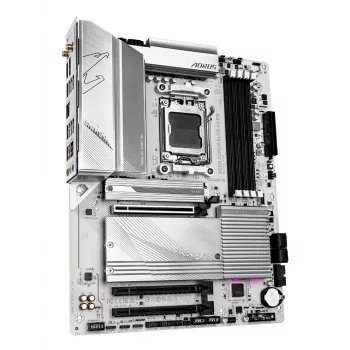 GIGABYTE B650 AORUS ELITE AX ICE pagrindinė plokštė – palaiko AMD Ryzen 9000 procesorius, 12+2+2 fazių skaitmeninis VRM, iki 8000MHz DDR5 (OC), 1xPCIe 5.0 + 2xPCIe 4.0 M.2, Wi-Fi 6E, 2.5GbE LAN, USB 3.2 Gen 2x2