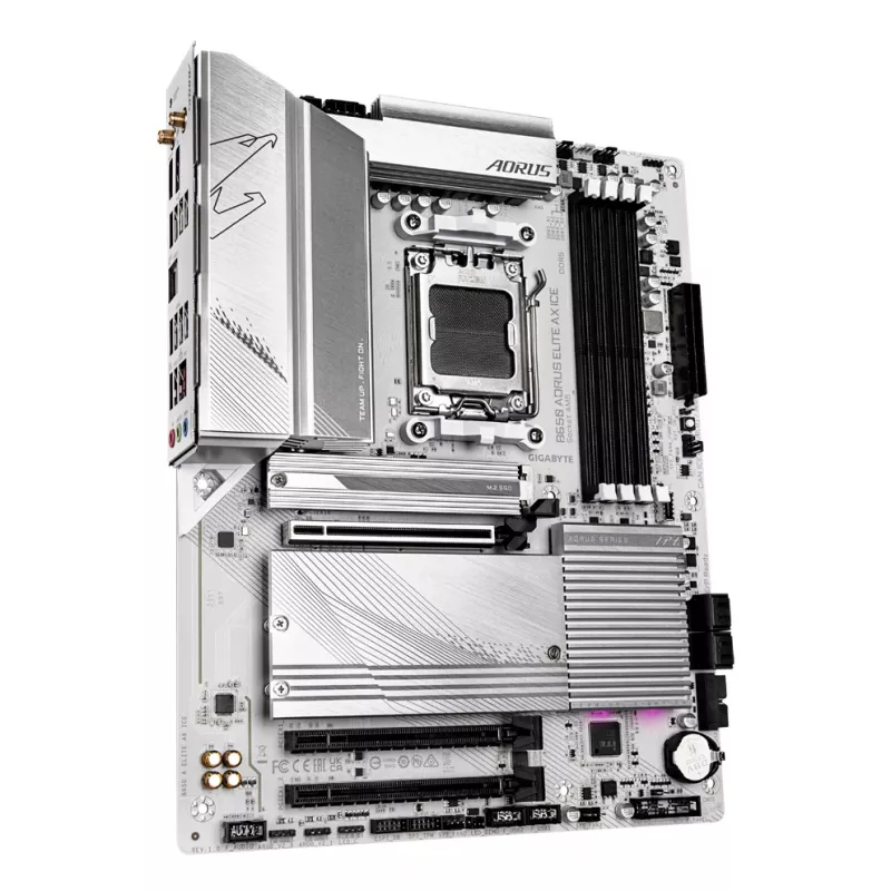 GIGABYTE B650 AORUS ELITE AX ICE pagrindinė plokštė – palaiko AMD Ryzen 9000 procesorius, 12+2+2 fazių skaitmeninis VRM, iki 8000MHz DDR5 (OC), 1xPCIe 5.0 + 2xPCIe 4.0 M.2, Wi-Fi 6E, 2.5GbE LAN, USB 3.2 Gen 2x2