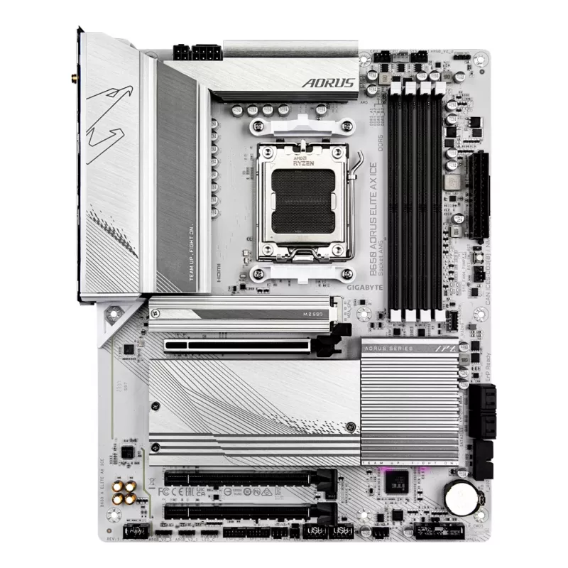 GIGABYTE B650 AORUS ELITE AX ICE pagrindinė plokštė – palaiko AMD Ryzen 9000 procesorius, 12+2+2 fazių skaitmeninis VRM, iki 8000MHz DDR5 (OC), 1xPCIe 5.0 + 2xPCIe 4.0 M.2, Wi-Fi 6E, 2.5GbE LAN, USB 3.2 Gen 2x2