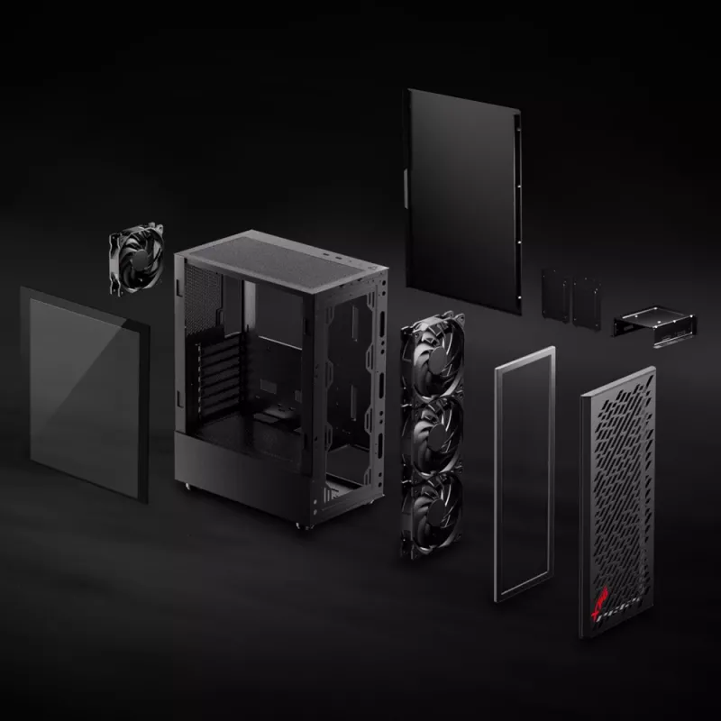 XPG VALOR AIR Mid-Tower Black, Midi Tower, PC, Juoda, ATX, micro ATX, Mini-ATX, Anglinis plienas, Grūdintas stiklas, 16,6 cm