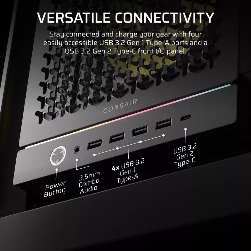 PC Case CORSAIR FRAME 5000D RS ARGB Midi Tower Black — ATX, palaiko 3x140mm priekinius ventiliatorius, 2,5/3,5 colio diskus