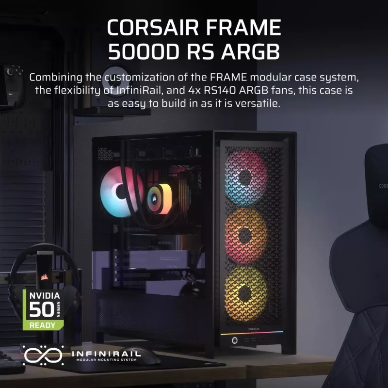 PC Case CORSAIR FRAME 5000D RS ARGB Midi Tower Black — ATX, palaiko 3x140mm priekinius ventiliatorius, 2,5/3,5 colio diskus