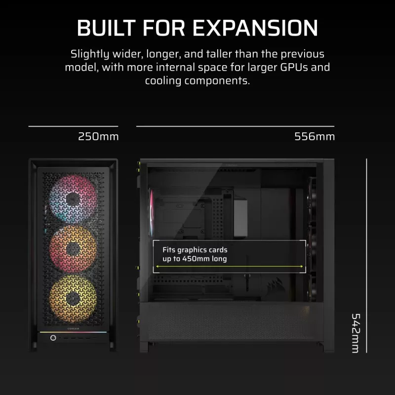 PC Case CORSAIR FRAME 5000D RS ARGB Midi Tower Black — ATX, palaiko 3x140mm priekinius ventiliatorius, 2,5/3,5 colio diskus