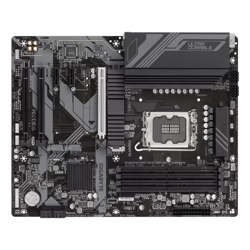 GIGABYTE Z790 D pagrindinė plokštė – palaiko Intel Core 14-os kartos procesorius, 12+1+1 fazių skaitmeninis VRM, iki 7600MHz DDR5 (OC), 3xPCIe 4.0 M.2, 2.5GbE LAN, USB 3.2 Gen 2