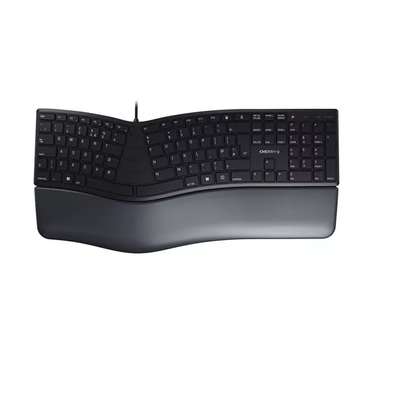 Vielinė ergonominė pilno dydžio klaviatūra Cherry KC 4500 ERGO juoda USB QWERTY JK 109 klavišų lenkta išdėstymo riešo atrama 1,8 m laidas