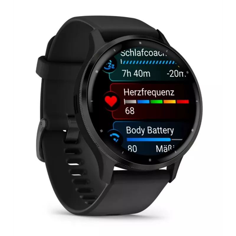 GARMIN INTERNATIONAL Venu 3 - Šiferio nerūdijančio plieno apvadas su juodu korpusu ir silikoniniu dirželiu - 45 mm