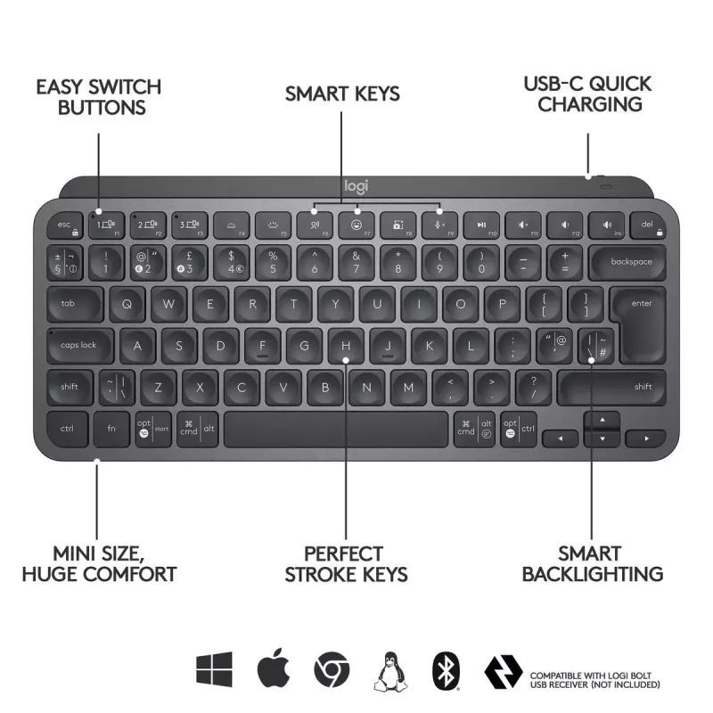 LOGITECH MX Keys Mini apšviesta klaviatūra - belaidė Bluetooth - grafito spalvos - AZERTY prancūzų