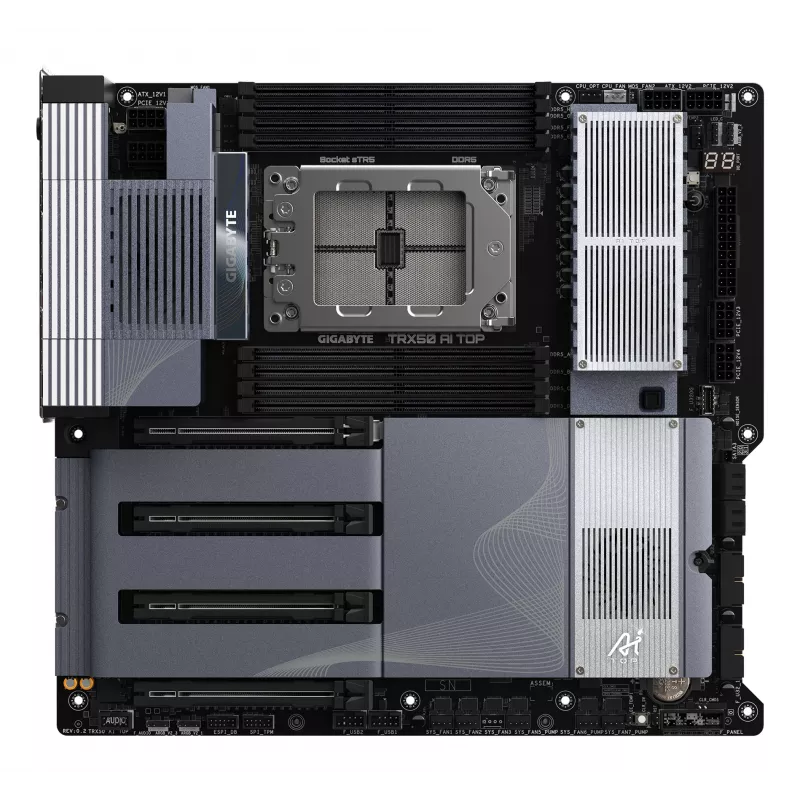 GIGABYTE TRX50 AI TOP-2B motininė plokštė – AMD Ryzen Threadripper PRO 7000 procesoriams, 16+8+4 fazių skaitmeninis VRM, iki 5200 MHz DDR5, 4xPCIe 5.0 M.2, Wi-Fi 7, 10 GbE LAN, USB 4