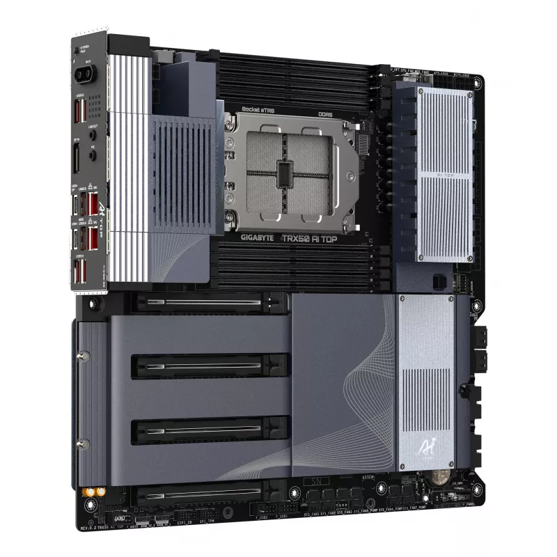 GIGABYTE TRX50 AI TOP-2B motininė plokštė – AMD Ryzen Threadripper PRO 7000 procesoriams, 16+8+4 fazių skaitmeninis VRM, iki 5200 MHz DDR5, 4xPCIe 5.0 M.2, Wi-Fi 7, 10 GbE LAN, USB 4