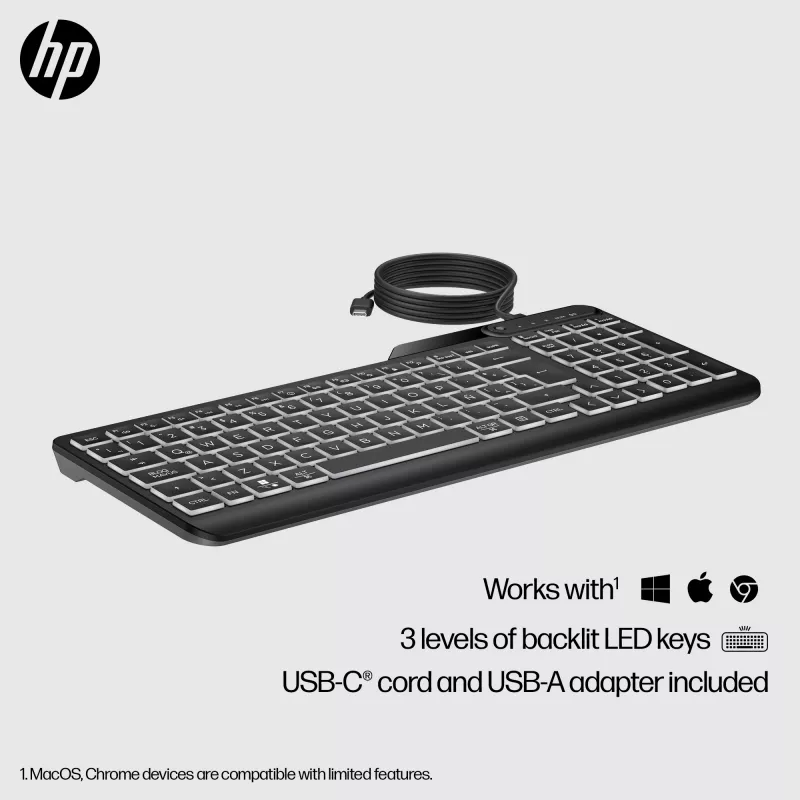 HP 405 kelių įrenginių apšviesta laidinė klaviatūra, pilno dydžio (100%), laidinė, USB, membraninė, juoda