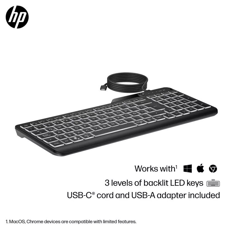 HP 405 kelių įrenginių apšviesta laidinė klaviatūra, pilno dydžio (100%), laidinė, USB, membraninė, juoda