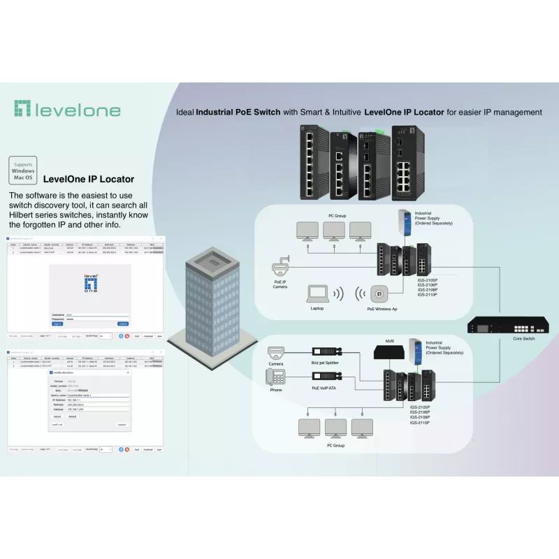 LevelOne Hilbert 6 prievadų pramoninis gigabitinis PoE Smart Lite jungiklis, 2 x SFP, 4 PoE išėjimai, 802.3at/af PoE