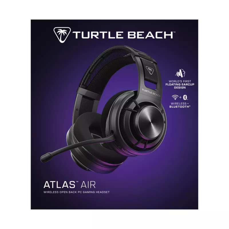 Turtle Beach Atlas Air belaidės atviros konstrukcijos ausinės kompiuteriniams žaidimams su 24 bitų aukštos kokybės garsu, transliacijų klasės mikrofonu, plūduriuojančiu ausies kaušeliu, atminties putų pagalvėlėmis ir Bluetooth ryšiu, skirtos kompiuteriui