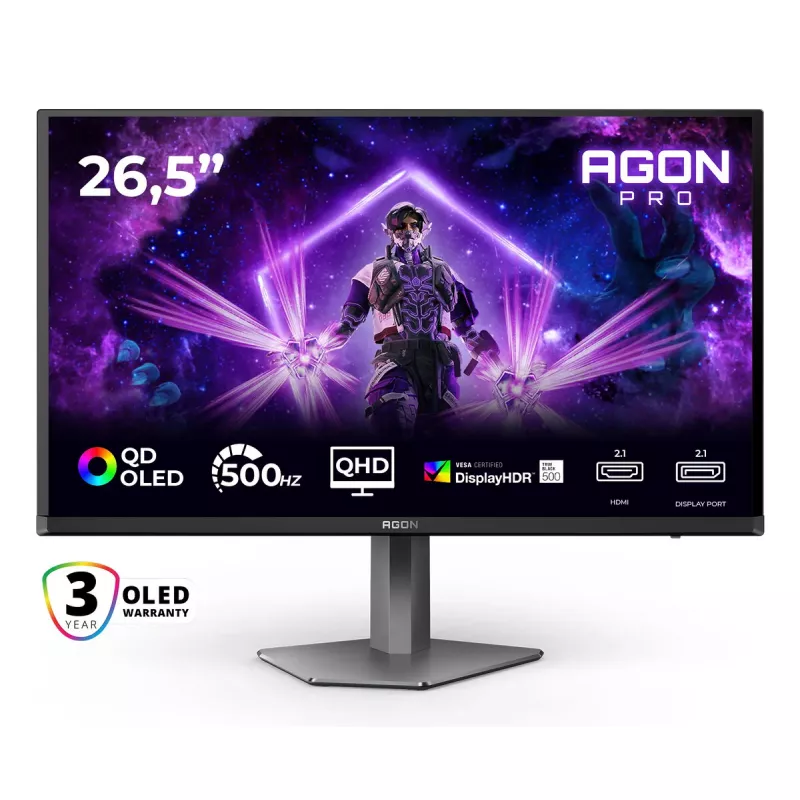 AOC AGON PRO AG276QKD2 kompiuterio monitorius 67,3 cm (26,5 colio) 2560 x 1440 pikselių Quad HD QD-OLED juoda, pilka
