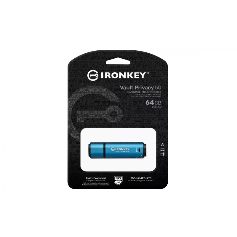 Kingston Technology IronKey 64GB Vault Privacy 50 AES-256 šifruotas, FIPS 197