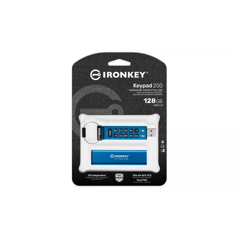 Kingston Technology IronKey 128GB Keypad 200, FIPS 140-3 Lvl 3 AES-256 aparatinis šifravimas