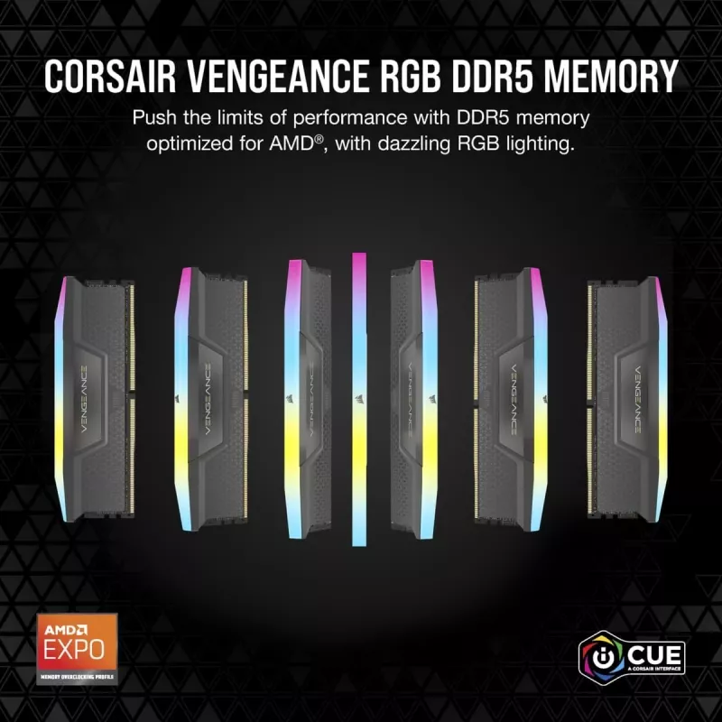 CORSAIR atmintinė 64GB (2x32 GB) DDR5 DRAM 5200MT/s CL40 AMD EXPO ir Intel XMP atminties rinkinys Vengeance RGB