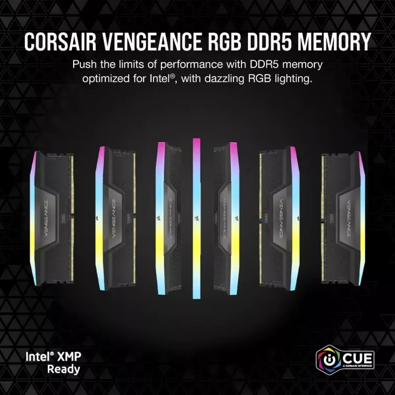 CORSAIR atmintinė 32GB DDR5 (2x16GB) DRAM 6400MT/s CL32 Vengeance RGB atmintinės rinkinys – juoda