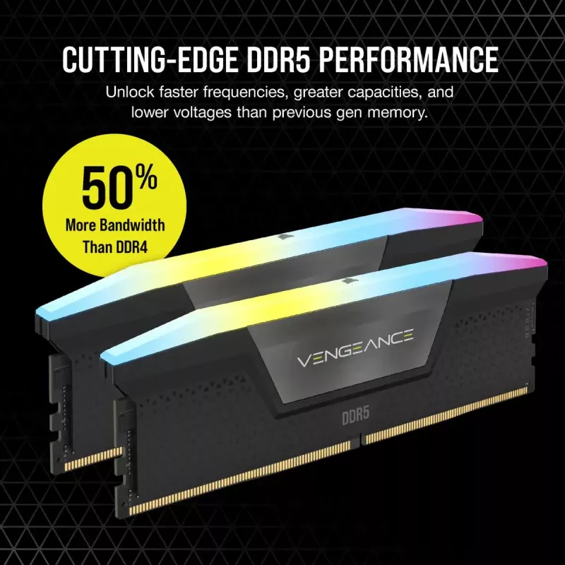 CORSAIR atmintinė 32GB DDR5 (2x16GB) DRAM 6400MT/s CL32 Vengeance RGB atmintinės rinkinys – juoda