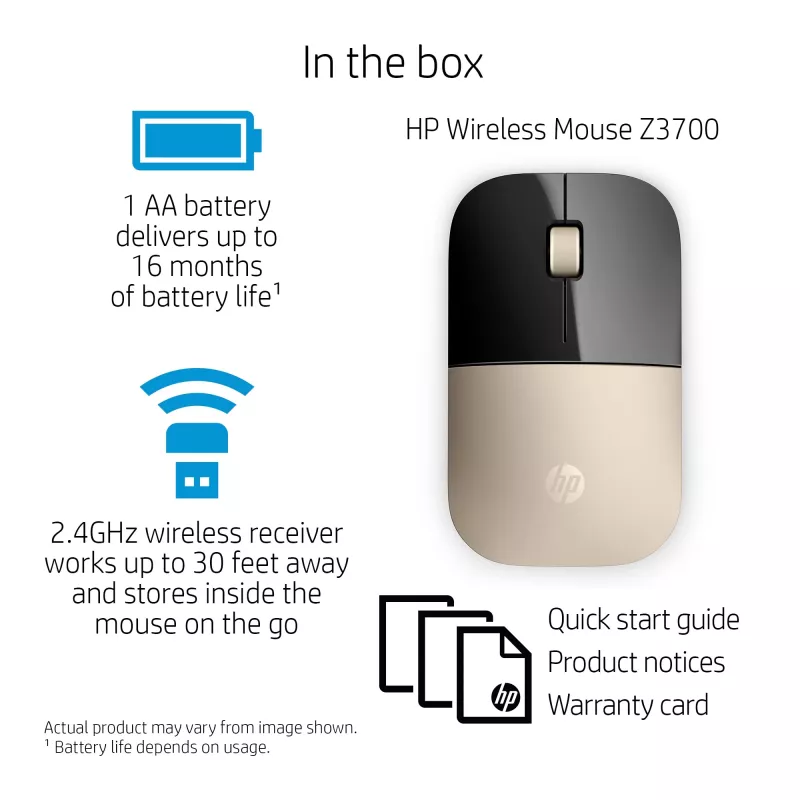 HP Z3700 Gold belaidė pelė, ambidekstrinė, optinė, RF belaidė, 1200 DPI, auksinė