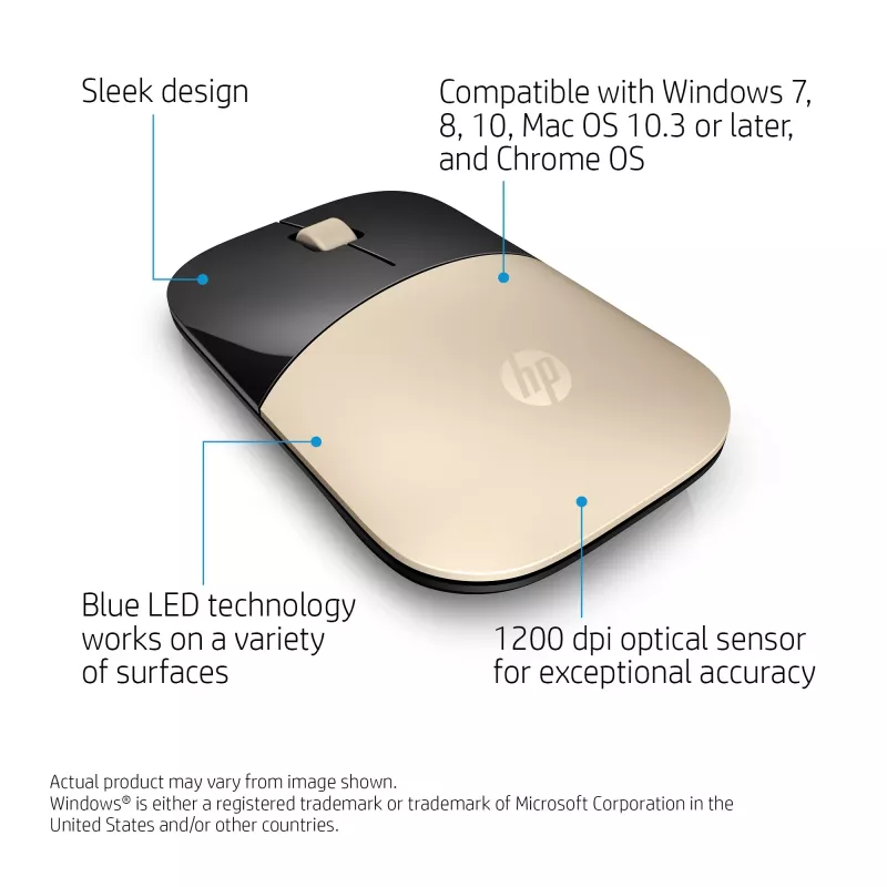 HP Z3700 Gold belaidė pelė, ambidekstrinė, optinė, RF belaidė, 1200 DPI, auksinė