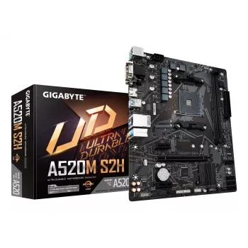 GIGABYTE A520M S2H pagrindinė plokštė – palaiko AMD Ryzen 5000 serijos AM4 procesorius, 4+3 fazių grynas skaitmeninis VRM, iki 5100 MHz DDR4 (OC), PCIe 3.0 x4 M.2, GbE LAN, USB 3.2 Gen 1
