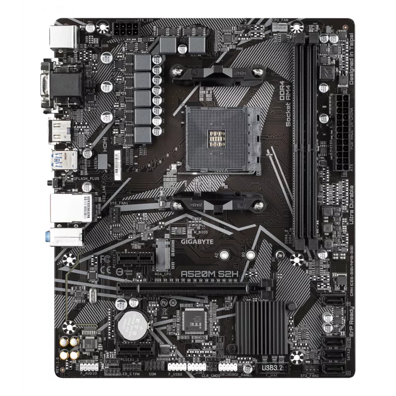 GIGABYTE A520M S2H pagrindinė plokštė – palaiko AMD Ryzen 5000 serijos AM4 procesorius, 4+3 fazių grynas skaitmeninis VRM, iki 5100 MHz DDR4 (OC), PCIe 3.0 x4 M.2, GbE LAN, USB 3.2 Gen 1