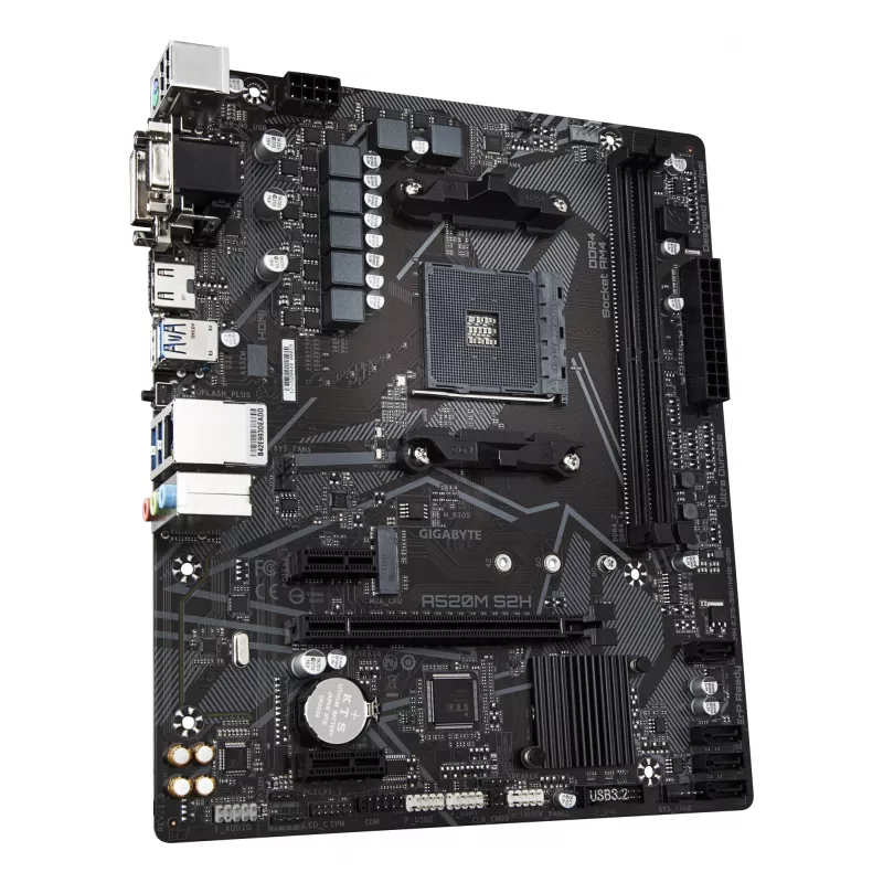 GIGABYTE A520M S2H pagrindinė plokštė – palaiko AMD Ryzen 5000 serijos AM4 procesorius, 4+3 fazių grynas skaitmeninis VRM, iki 5100 MHz DDR4 (OC), PCIe 3.0 x4 M.2, GbE LAN, USB 3.2 Gen 1