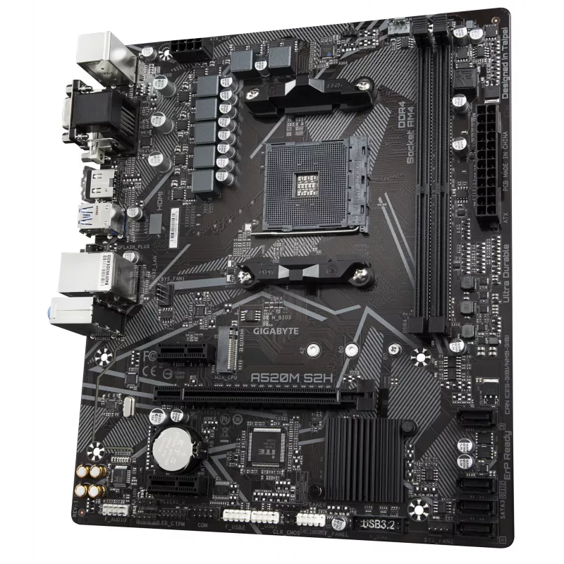 GIGABYTE A520M S2H pagrindinė plokštė – palaiko AMD Ryzen 5000 serijos AM4 procesorius, 4+3 fazių grynas skaitmeninis VRM, iki 5100 MHz DDR4 (OC), PCIe 3.0 x4 M.2, GbE LAN, USB 3.2 Gen 1
