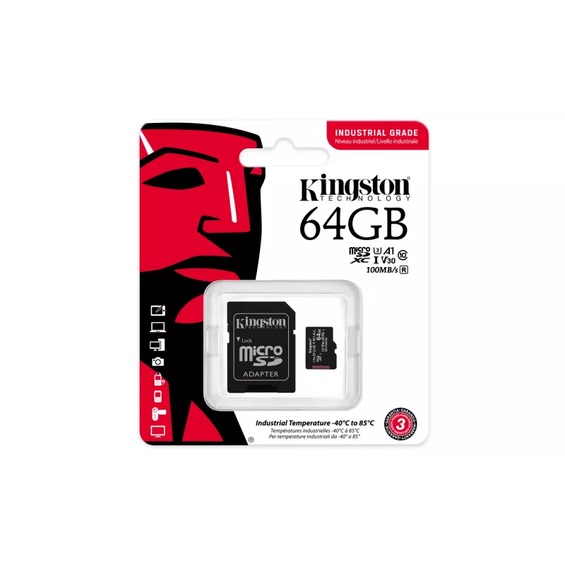 Kingston Technology 64 GB microSDXC Industrial C10 A1 pSLC kortelė + SD adapteris