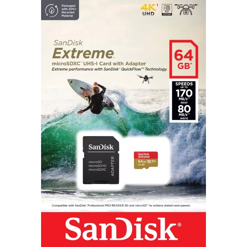 WESTERN DIGITAL Extreme microSDXC 64 GB SD adapteris veiksmo kameroms ir dronams 170 MB/s 80 MB/s A2 C10 V30 UHS-I U3