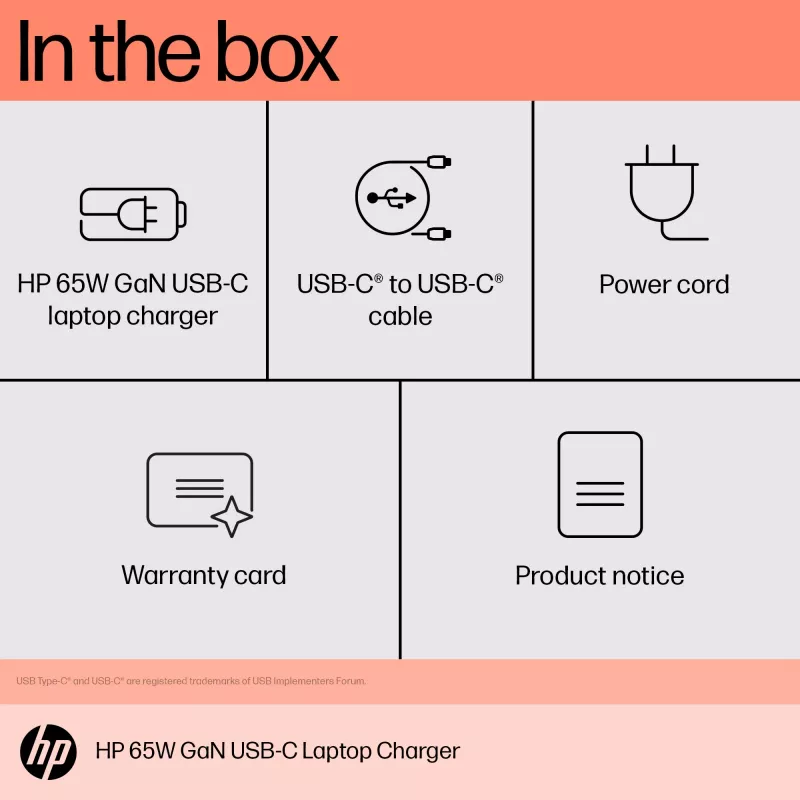 HP 65 W GaN USB-C nešiojamojo kompiuterio įkroviklis, nešiojamasis kompiuteris, patalpose, 65 W, 5,9,12,15,20 V, 65 W, namams