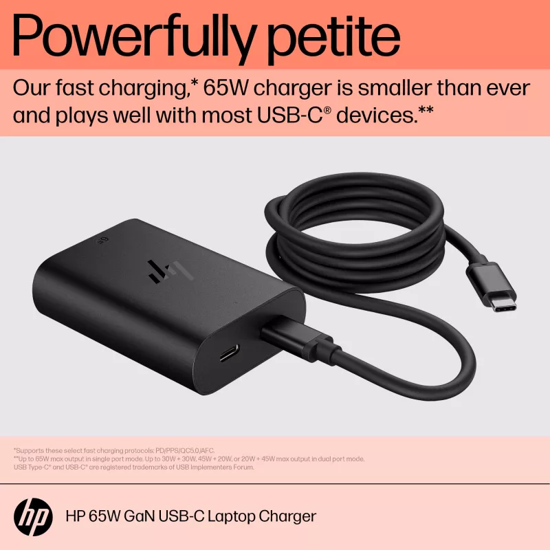 HP 65 W GaN USB-C nešiojamojo kompiuterio įkroviklis, nešiojamasis kompiuteris, patalpose, 65 W, 5,9,12,15,20 V, 65 W, namams