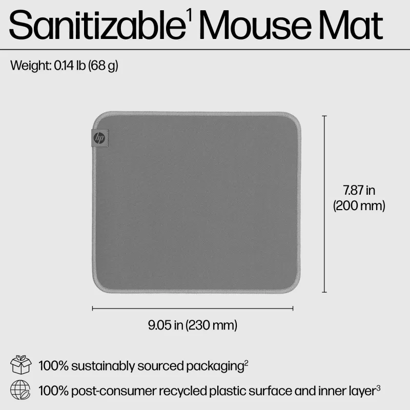 HP 100 Sanitizable pelės kilimėlis, pilkas, vienspalvis, poliesteris, guma