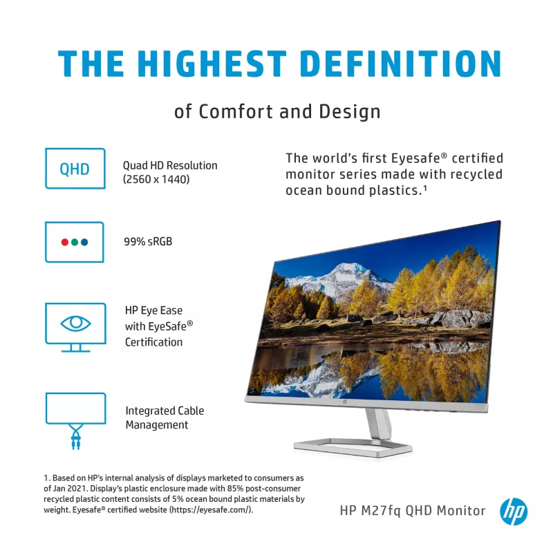 Monitorius HP M27fq 27 colių Quad HD 2560x1440 IPS LCD, 300 cd/m², 75 Hz, 5 ms, sidabrinis