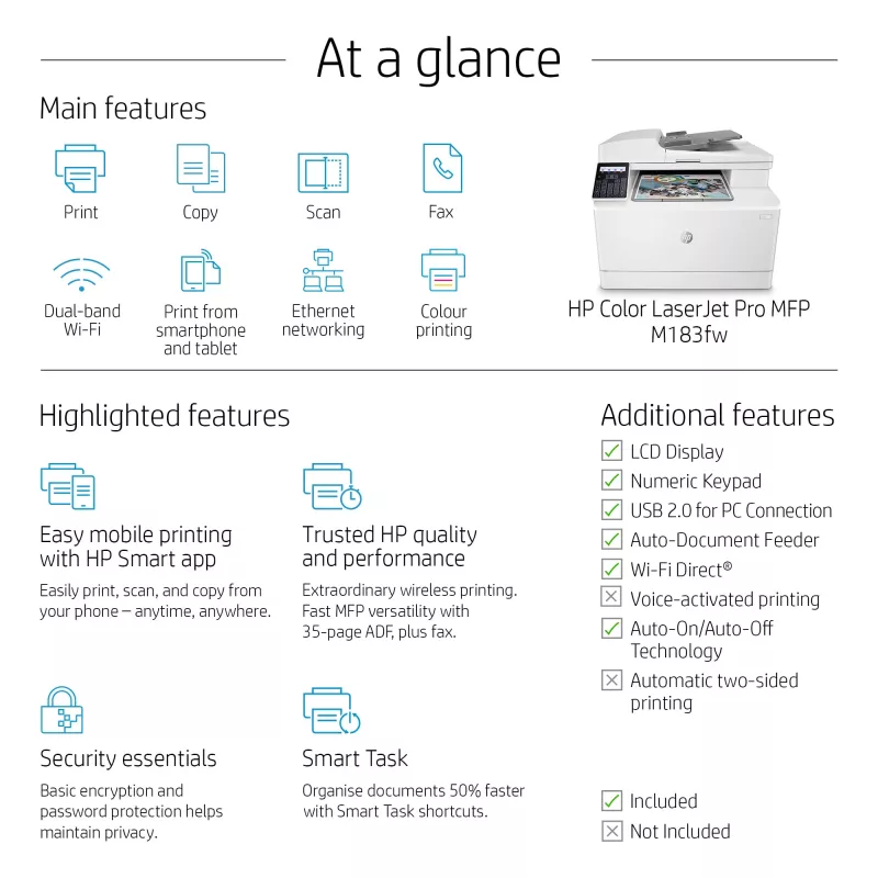 HP Color LaserJet Pro MFP M183fw, lazerinis, spalvotas spausdinimas, 600 x 600 DPI, A4, tiesioginis spausdinimas, balta