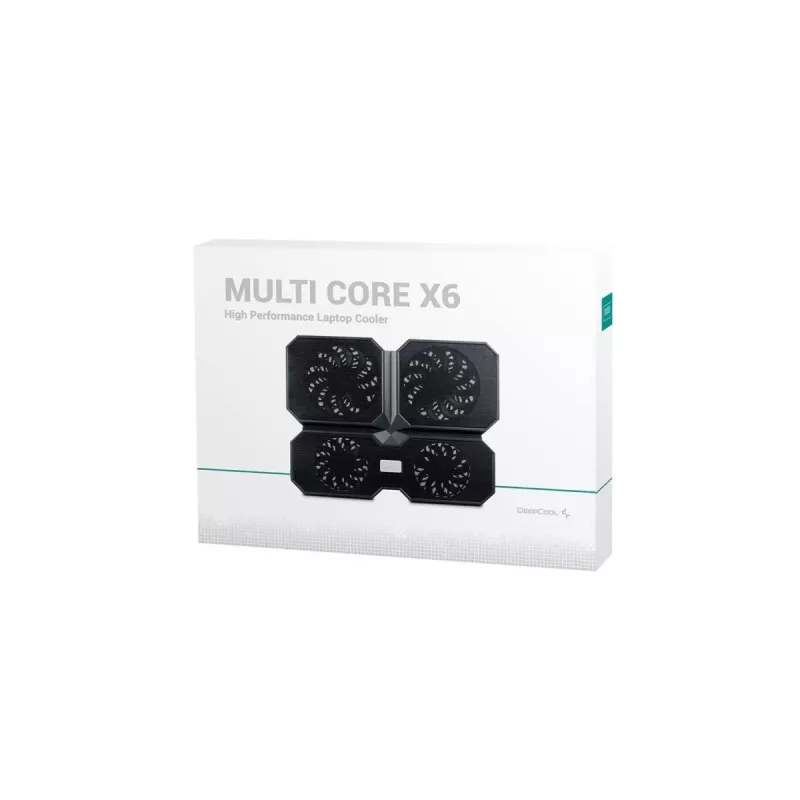Aušinimo pagrindas DeepCool MULTI CORE X6 — 4 ventiliatoriai, 15,6 colio nešiojamiesiems kompiuteriams, maitinamas per USB, 380×295×24 mm, 2 USB prievadai